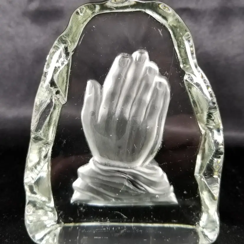 Vintage Viking Glass Praying Hands in Ice Paperweight