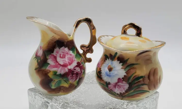 Mini Porcelain Floral Cream & Sugar Set Hand Painted