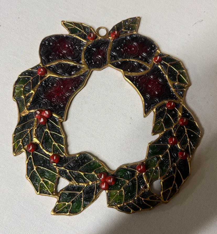 Christmas Wreath Suncatcher Textured Acrylic stained glass gold accents 9” tall