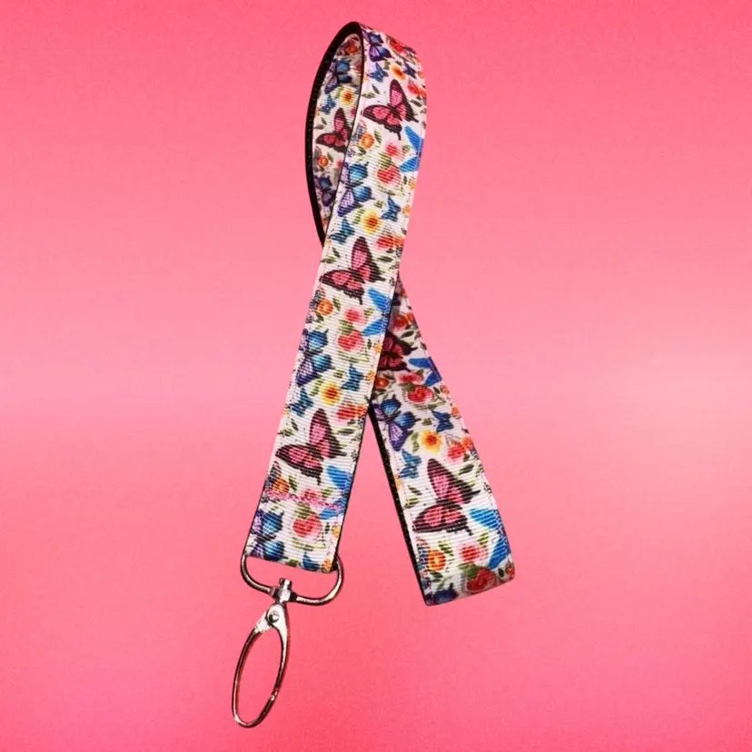 Keychain Lanyard Key Holder Colorful Butterflies Flowers NEW Handmade 19.5”