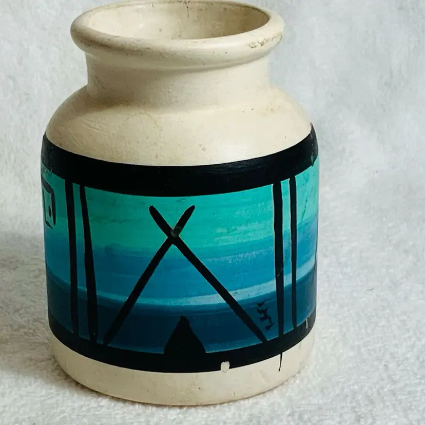 Hand Painted By Sunshine Klay-n-Kraft Pottery Studio Speckled White Stoneware Bud Vase With Native American Southwestern Motif Design Studio Pottery Pitcher Vessel