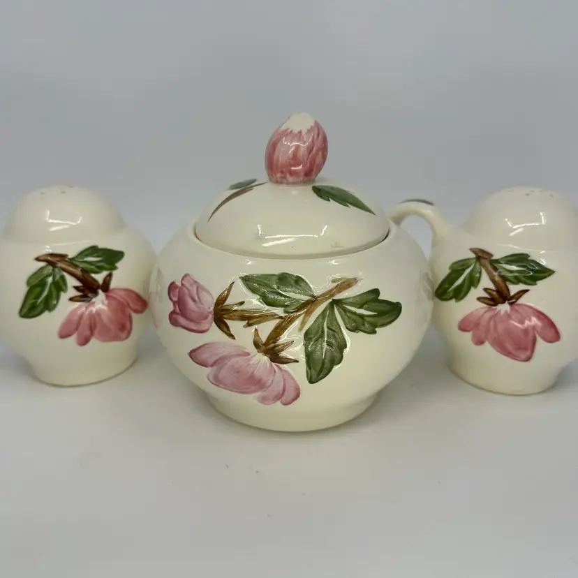 Vintage Continental Kilns Hand-Painted Sugar Bowl With Lid, Salt & Pepper Shakers