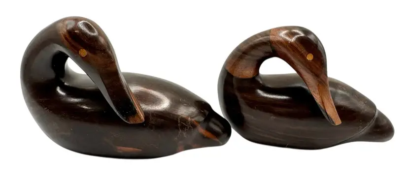 Set of 2 Vintage Carved Wood Duck Swan Goose Loon Bird Sculpture Figurine Brown
