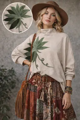 Aaeda Sweater M Needle Felted Flowers Artsy Whimsical Mock Neck Dolman Sleeves