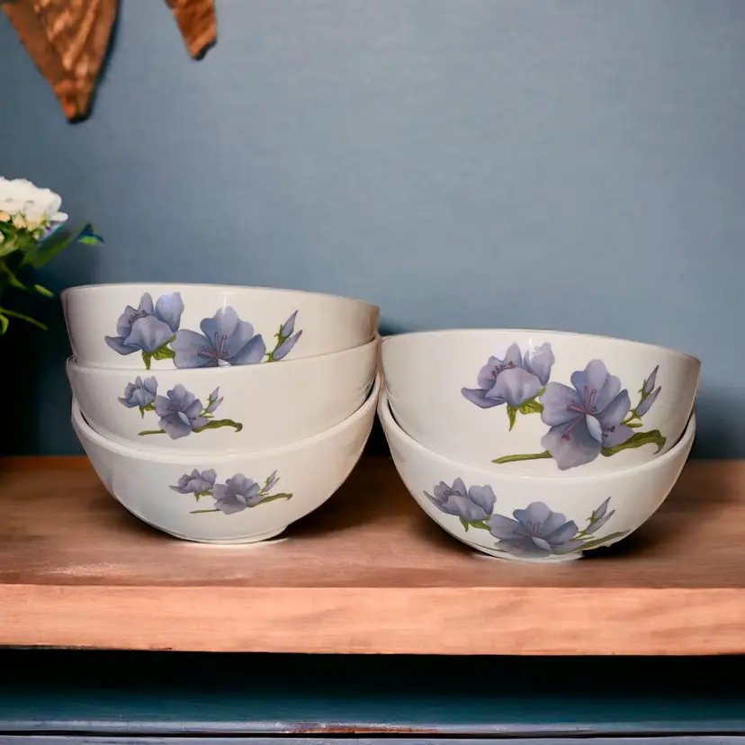 Vintage Melamine Shuang Ho Set of 5 Blue Lotus Floral Rice Bowls 4 1/4”X2” #702