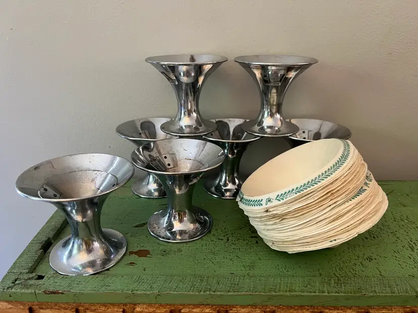 Set of 7 Vtg Vortex Metal Ice Cream Sundae Dixie Cup Holders (#8769) and Stack of Paper Cones. 1950's Stainless Paper Cone Holders