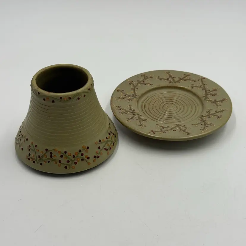 Yankee Candle Retired Stoneberry Jar Shade And Under Plate Set Ceramic Stoneware.