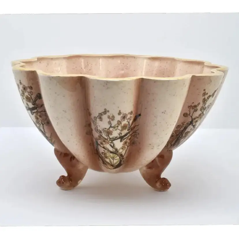 Vintage Scalloped 3 Footed Ceramic Bowl, Gold Trim, Dogwood Transferware