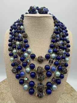 Vintage Japan 5 Strand Necklace & Clip Earring Set