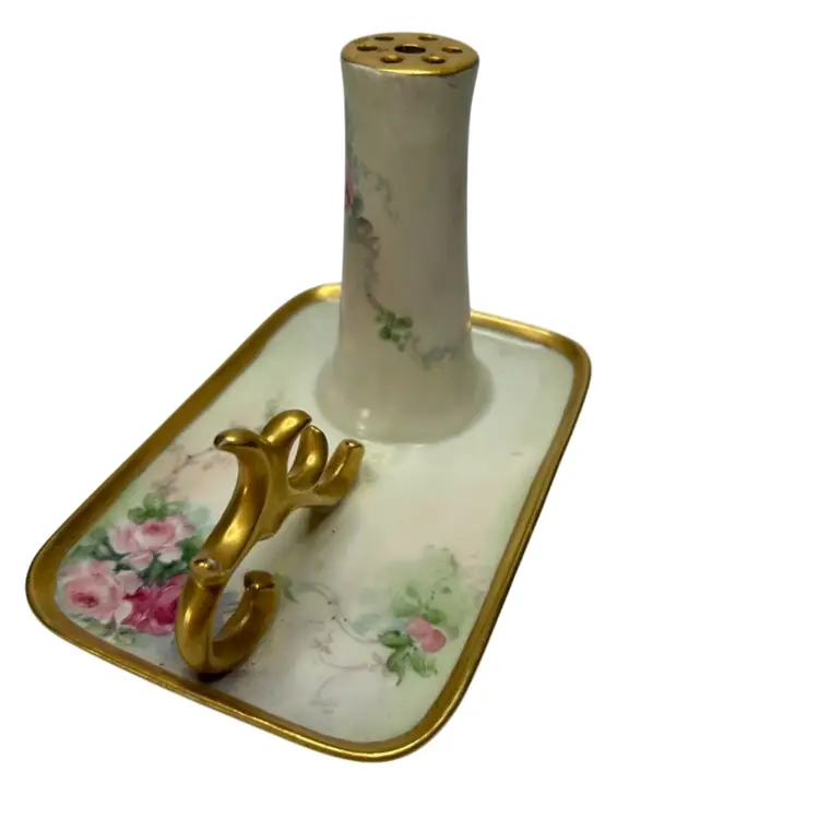 Unmarked Hand painted Hat Pin Holder On Tray With Ring Holder Porcelain 7 Hole Possibly Limoges @ 4x5 1/2x 4
