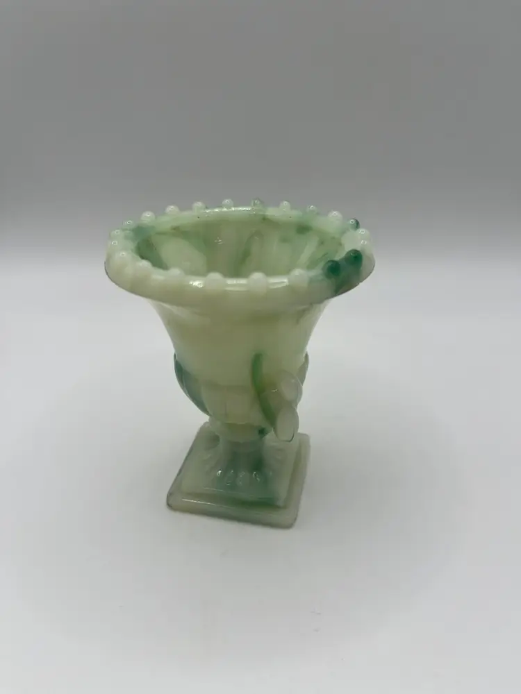 Vintage Akro Agate Green White Swirl Slag Glass Toothpick Matchstick Holder Urn Vase