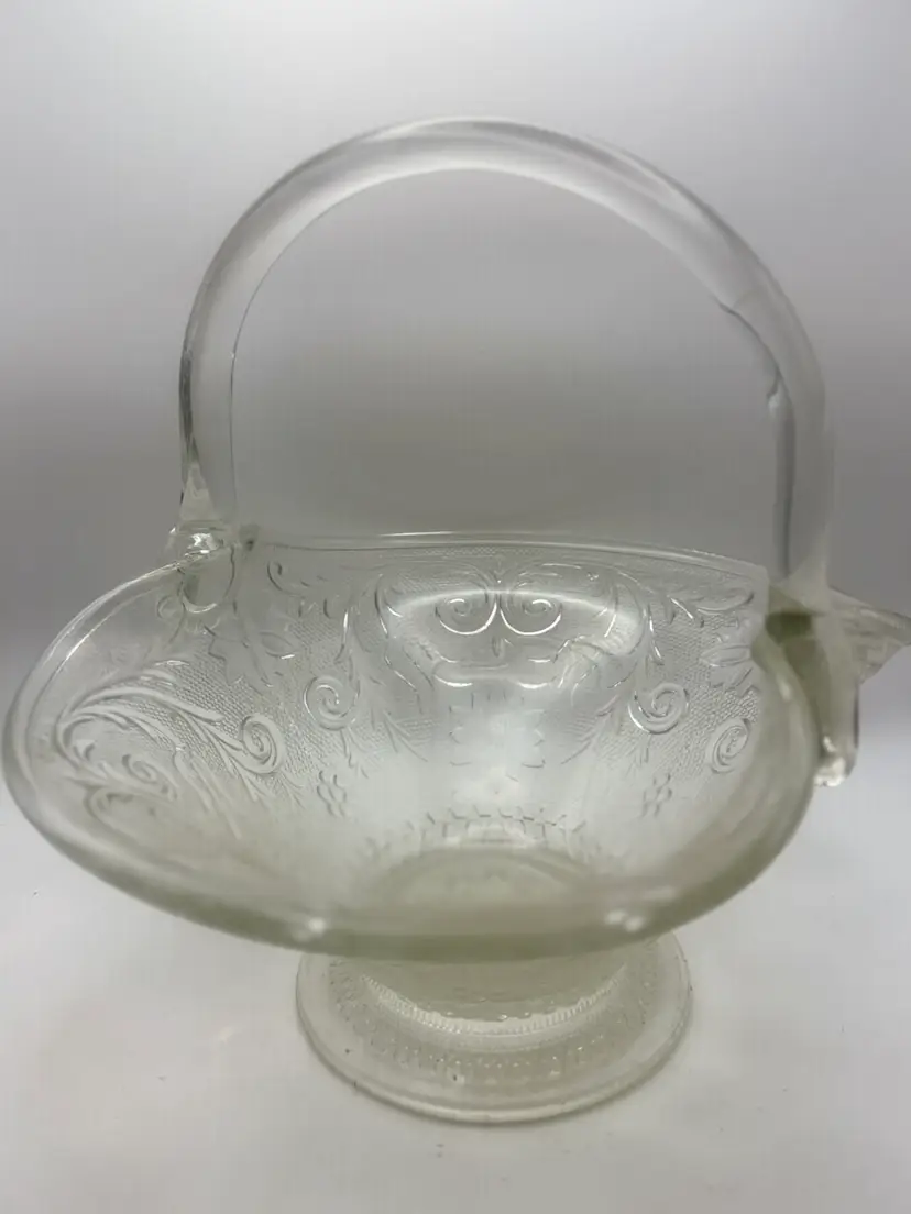 Vintage Pressed Glass Clear Basket With Scroll Design