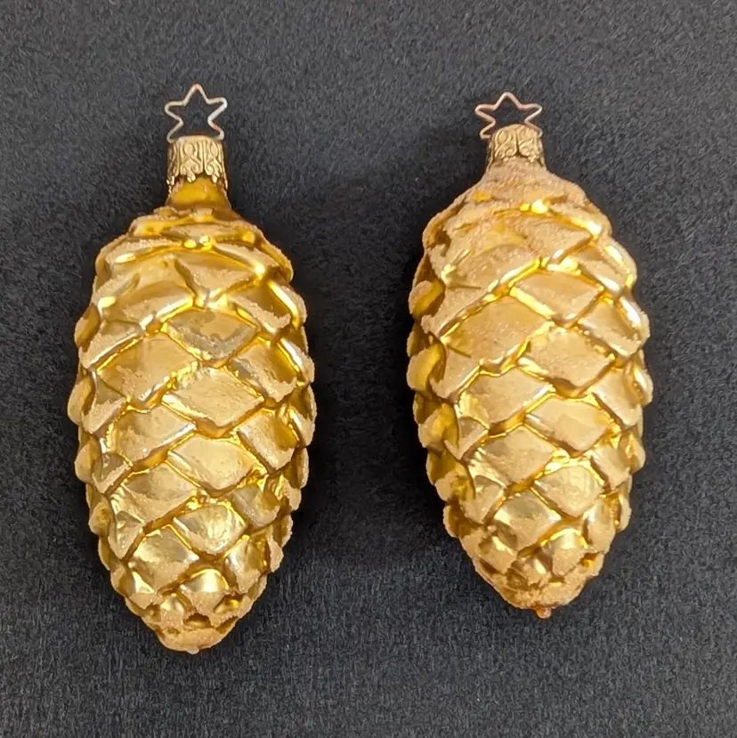 Vintage Inge Glas Gold Pine Cone Christmas Glass Ornaments Set of 2 West Germany