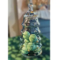 Vintage Glass Christmas Tree Lidded Jar Filled with 9 Small Faux Jadeite Painted Unbreakable Ornaments