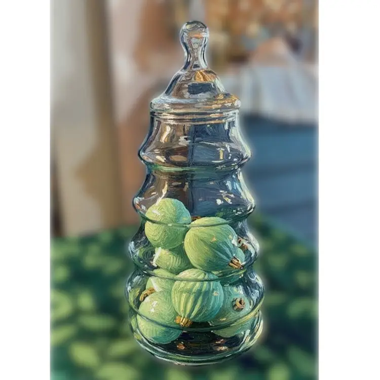 Vintage Glass Christmas Tree Lidded Jar Filled with 9 Small Faux Jadeite Painted Unbreakable Ornaments