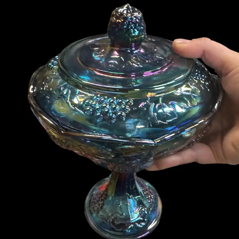 Indiana Blue Carnival Glass Harvest Grape Pedestal Compote Bowl W Lid Candy Dish