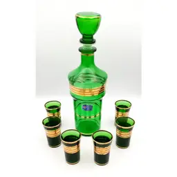 Vintage Cristallerie Artistiche Green & Gold Decanter Cordial Glass Set, Italy
