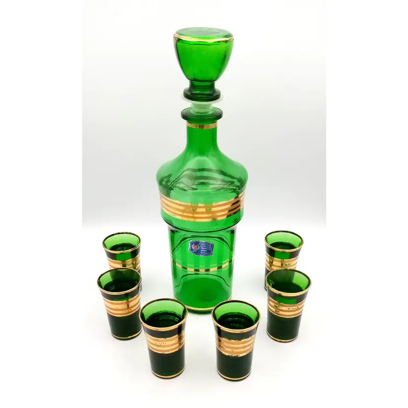 Vintage Cristallerie Artistiche Green & Gold Decanter Cordial Glass Set, Italy