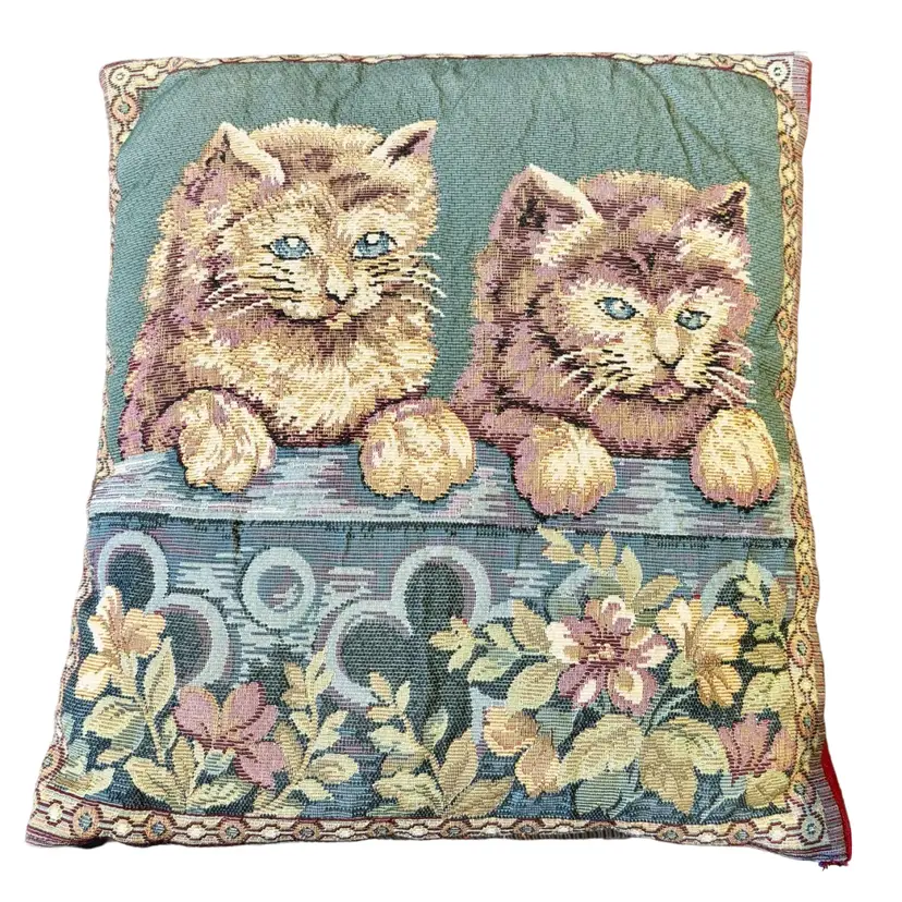 Tapestry Flower and Kitten Cat Pair Pillow 1990’s 12”