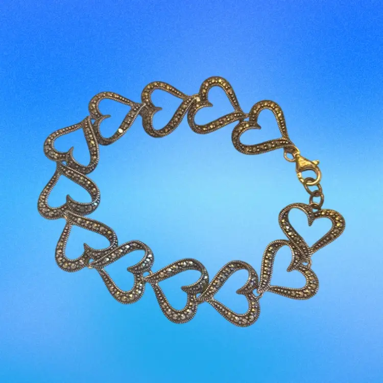 Vintage Art Deco Revival Sterling Silver Pave Marcasite Heart Link Bracelet 7.5”, 13.7g