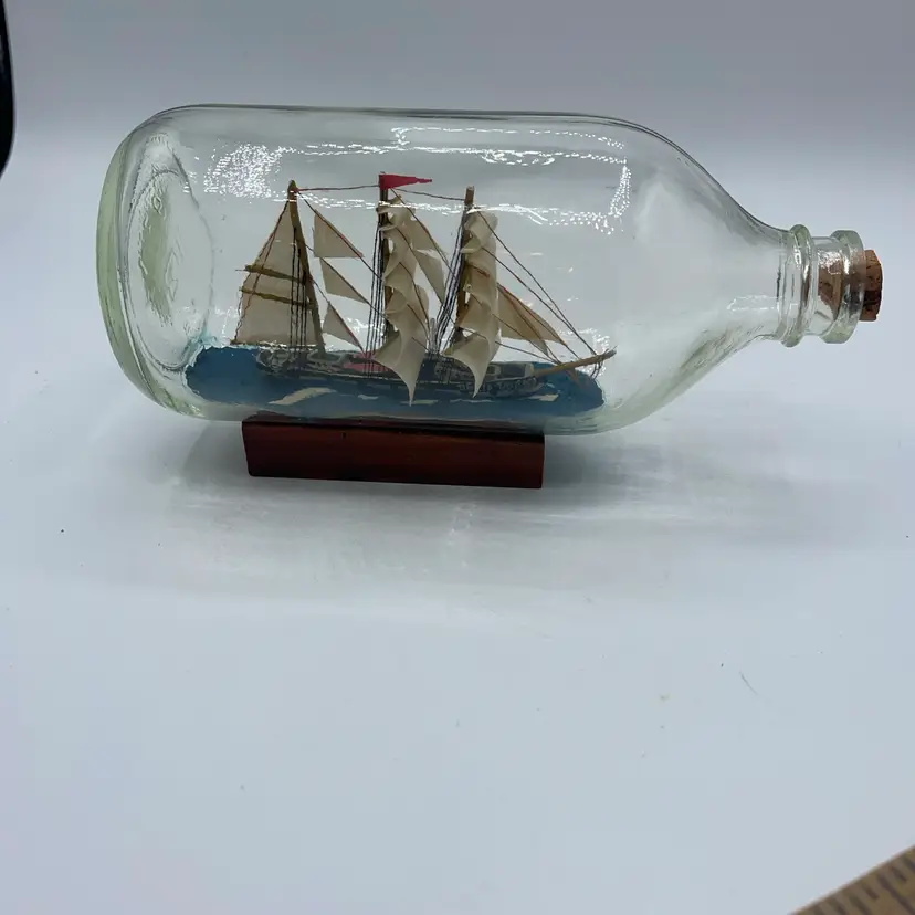 Ship In Glass Bottle Wood Stand 7”