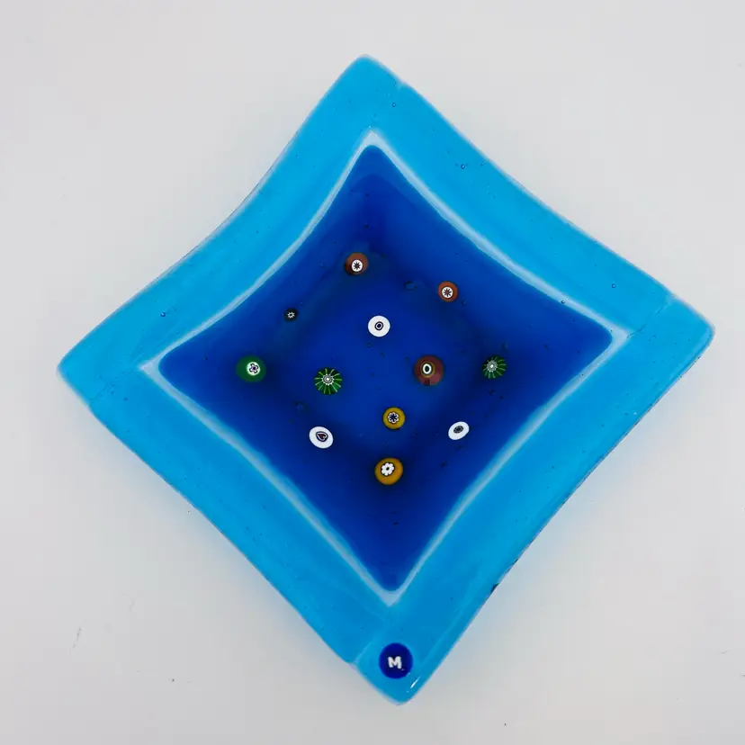 Beautiful Murano Blue And Millefiori Cane Slice Trinket Dish 4.5”
