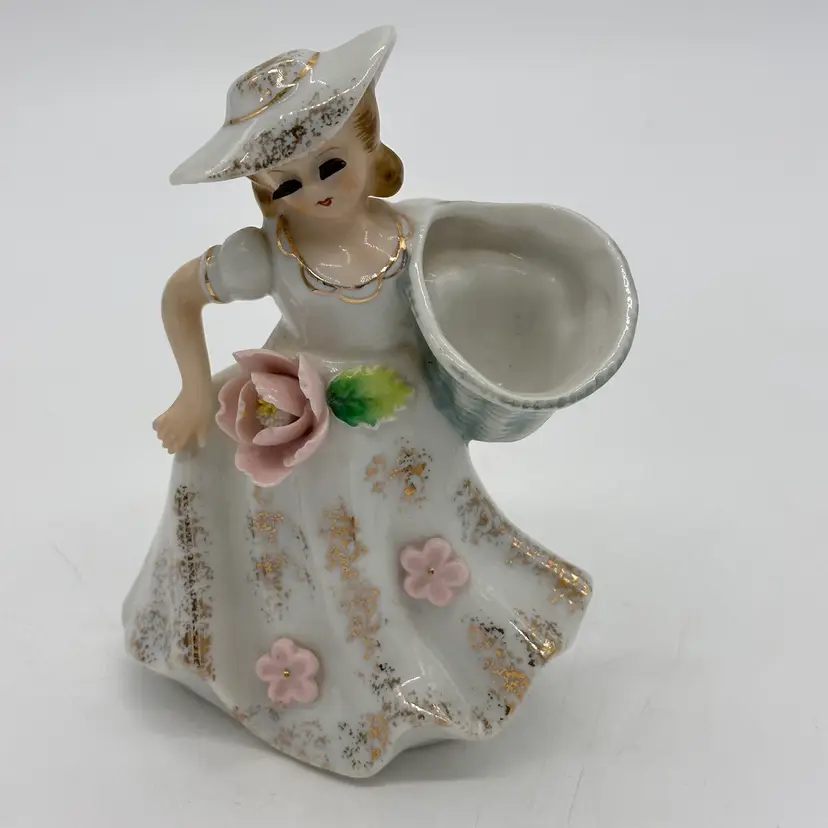 Lady Vintage Vase Planter Flowers Eyelashes Basket Hat Gown Porcelain Figurine