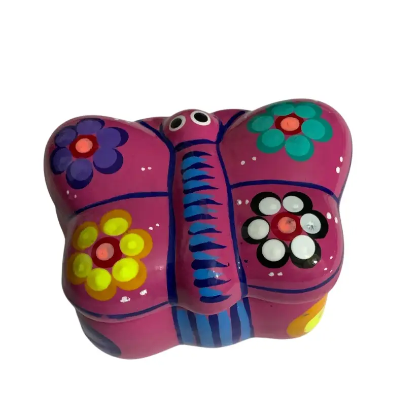 Colorful Hot Pink Glowy Ceramic Butterfly Jewelry Box Mexican Folk Art Talavera 4” By 2.75”