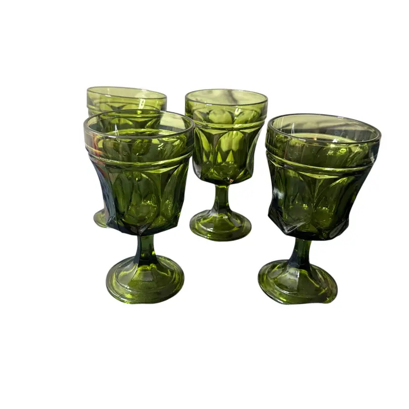 Vintage Anchor Hocking Fairfield Avocado Green Stemmed Glasses Goblets MCM Set 4