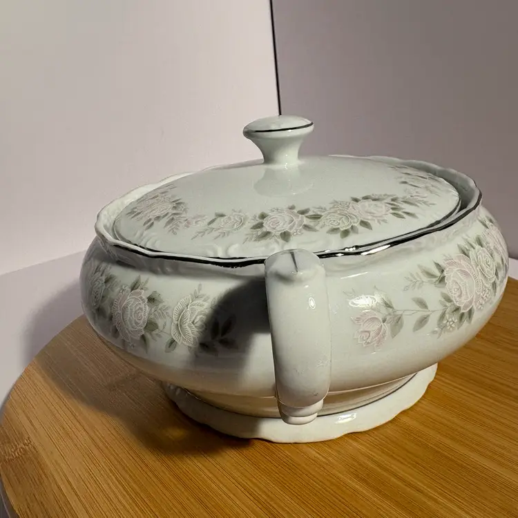 Vintage Sheffield Fine China Classic 501 Covered Serving Bowl with Silver Trim