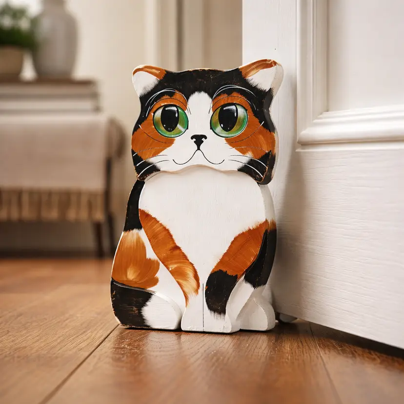 1989 Folk Art Calic Wood Calico Cat Doorstop Handmade by Briar Patch, 11.5" Tall
