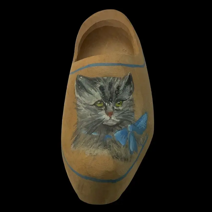 Hand-Painted Cat Wooden Shoe Decor Belgium 1945