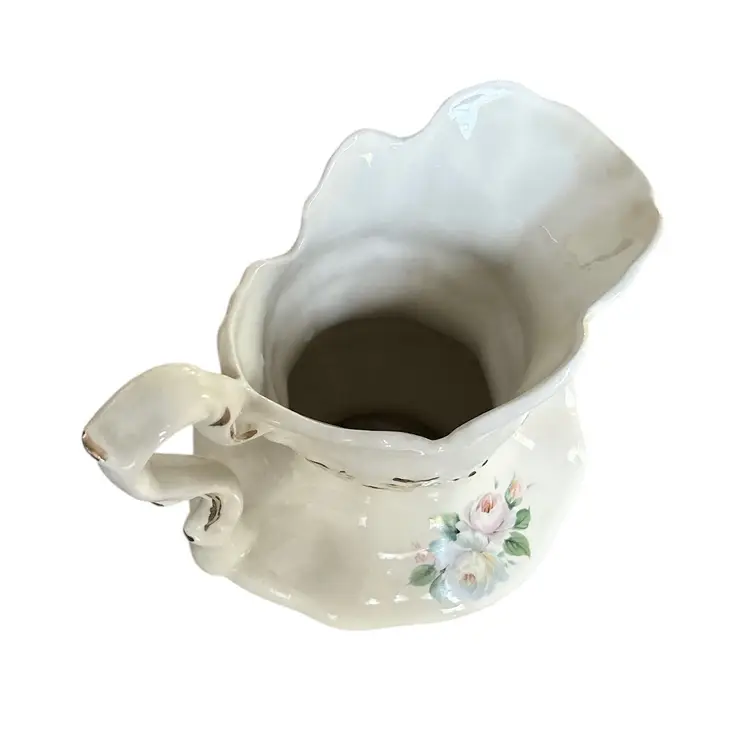 Victorian Hand Painted Pitcher for Basin -Cream with Gold Trim & Pink Rose Flowers