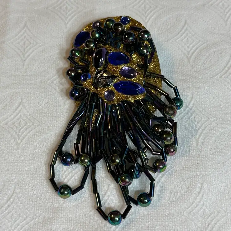 Vintage Handmade Gold Purple Blue Peacock Like Design Large Beaded Brooch