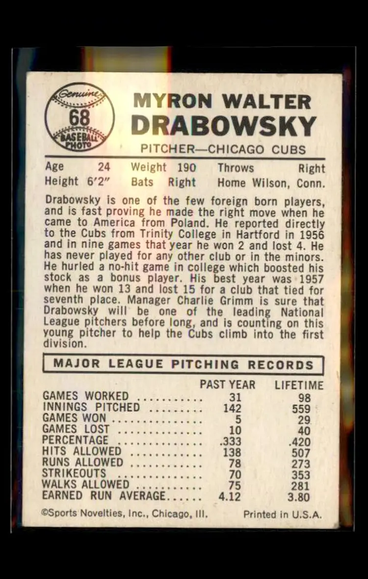 1960 Leaf #68 Moe Drabowsky - (pk1) - Chicago Cubs