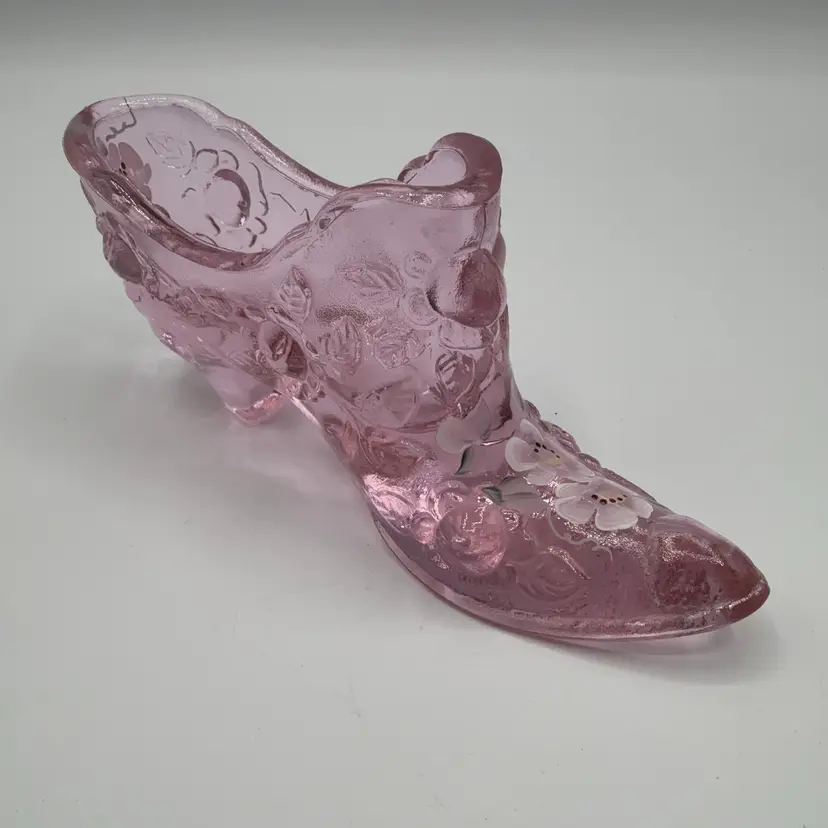 Fenton Pink Glass Cabbage Rose Shoe Hand Painted By N Beck