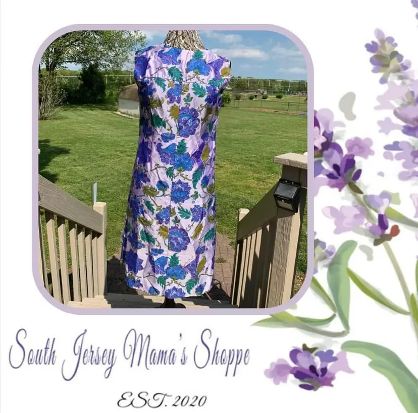 Vintage 1960s Hand Sewn Purple & Blue Butterfly Floral Dress Size L