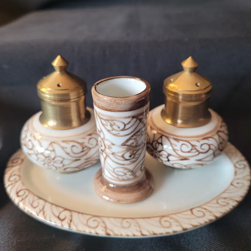 Asian Brass Salt & Pepper Shakers W/Toothpick Holder & Tray