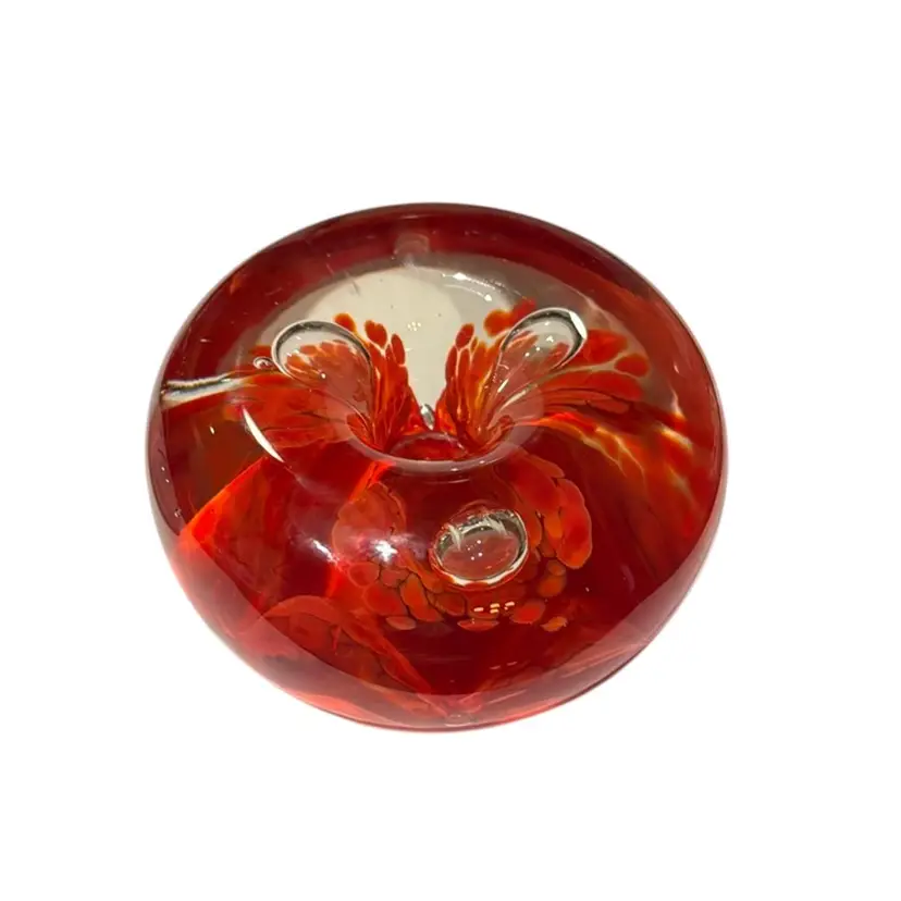 Vintage Stamp-marked Large Candle Holder Paperweight Red Controlled Bubbles Spatter & Opaque Base Vintage Art Glass - 2.5” Tall X 4” Wide