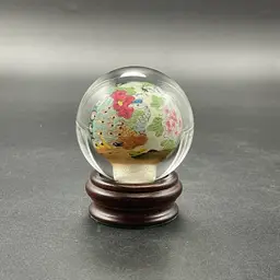 Reverse Hand Painted Glass Orb Paperweight on Stand Peacocks VTG Signed
