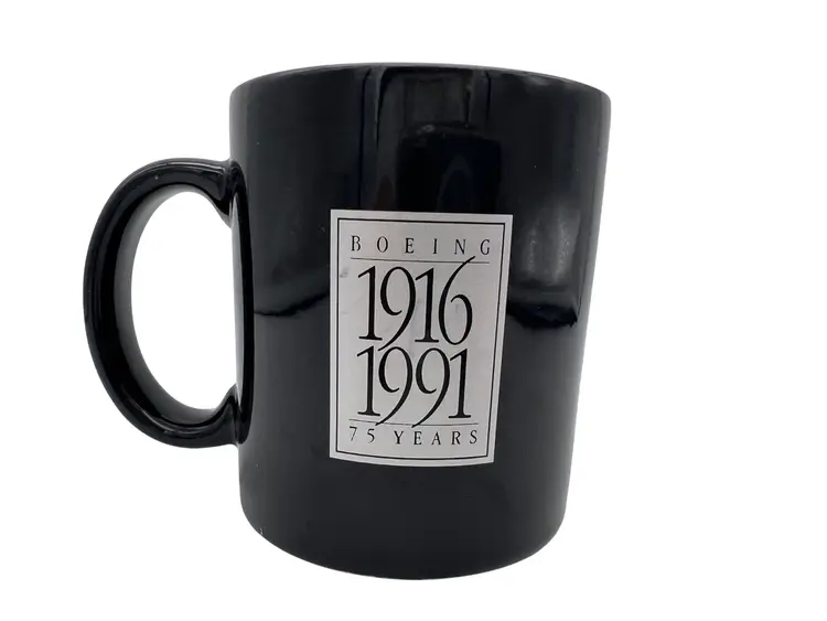 Boeing 1916-1991 75 Years Black Ceramic Mug 3.75" Aero Aviation Logo Vintage Cup