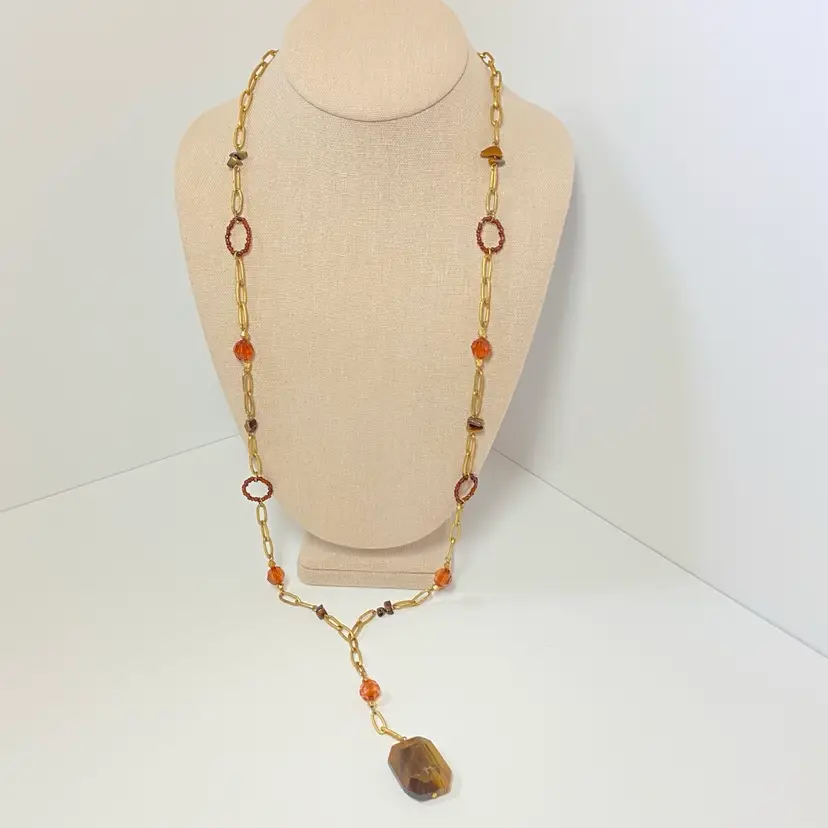 NY & Co Tigers Eye Faceted Rectangle Pendant Antique Gold Tone Y Drop Necklace