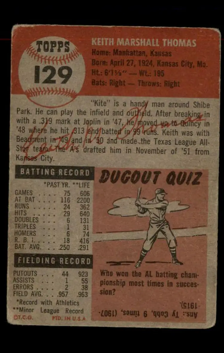 1953 Topps #129b Keith Thomas - (pk-tl1) - Philadelphia Athletics