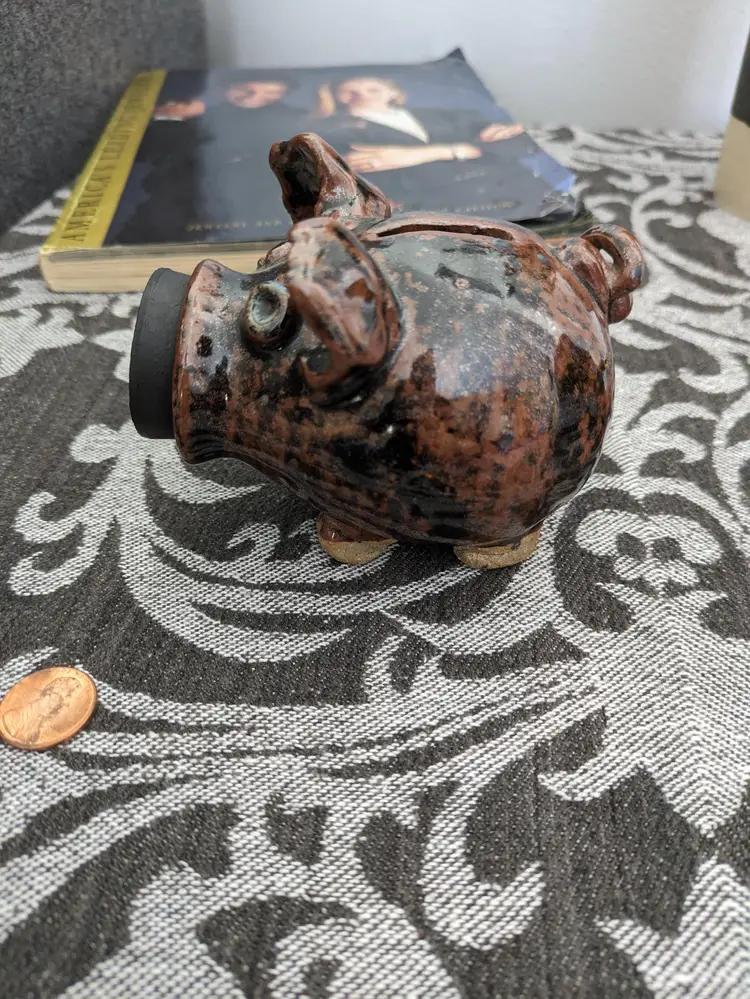 Vintage Corky Pig style piggy bank - Primitive Folk Art Pottery Mini Pig