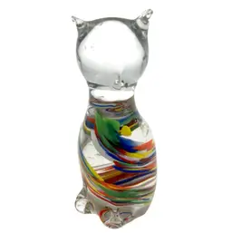 04 - Glass Cat Figurine Paperweight With Rainbow And Sparkle Swirl. 5”