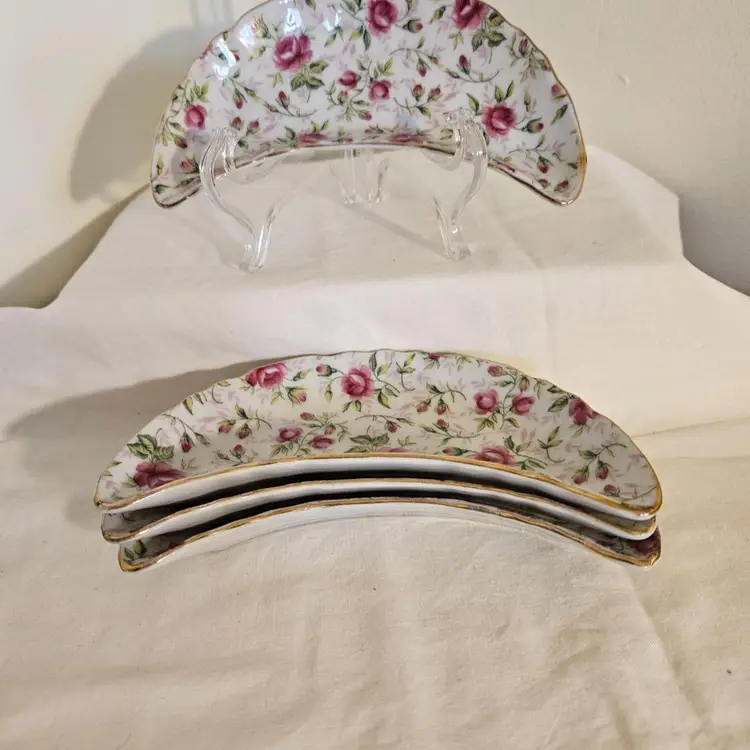 Lefton China Lot of 4, Half Moon, Salad Pink Floral Handpainted Dishes #793R