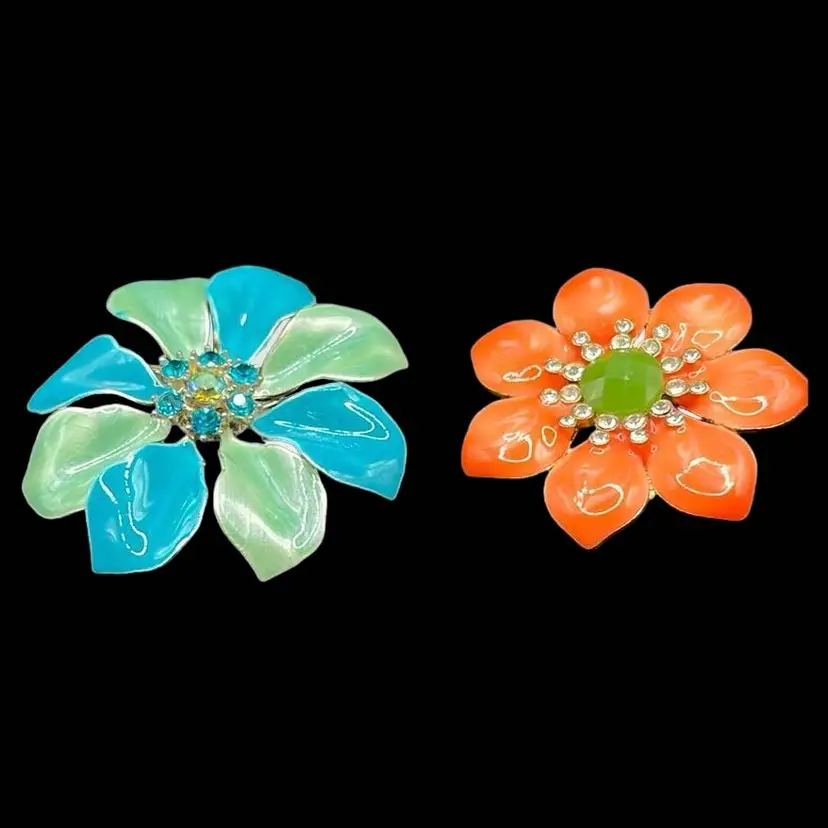 2 Vintage Unmarked Enamel Rhinestone Floral Flower Brooches Pins Blue Green Orange