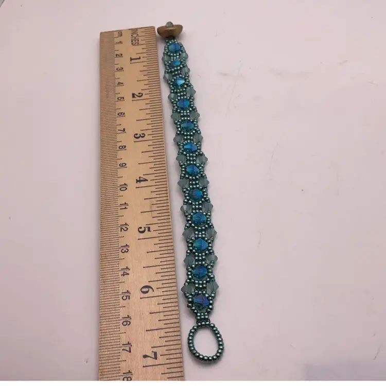 Blue Swarovski Crystal Bracelet with Button Toggle Clasp Artisan Made 6.5”