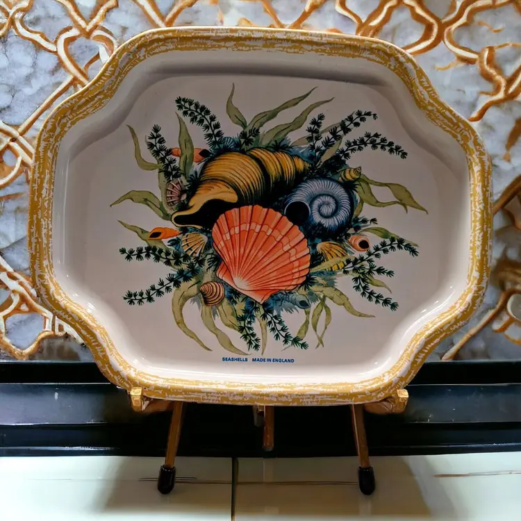 Vtg Elite Tray England Seashells Beach Coastal Metal Tin Small Tray Dish Plate