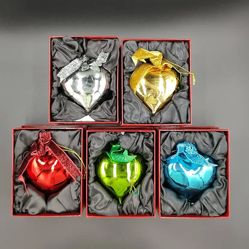 Set Of Five Heart Shaped Glass Ornaments